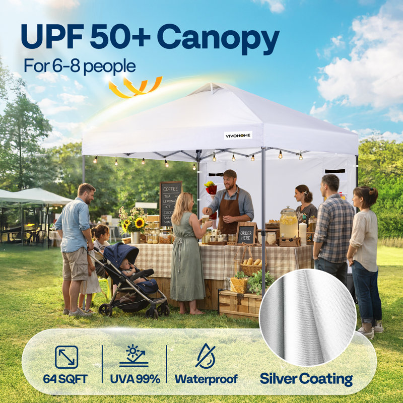 Pop Up Canopy Tent with Detachable Sidewall, White, 8ft x 8ft