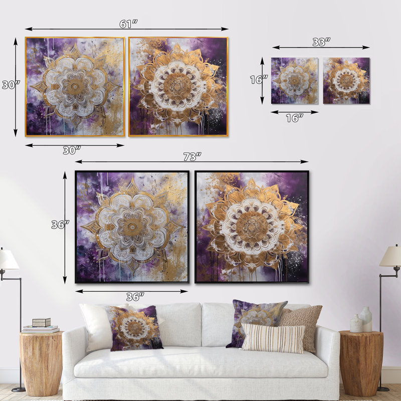 Mandala mauve et doré - ensemble de 2 collages carrés bohème, Cadre flottant brun, H 16 po x l 33 po
