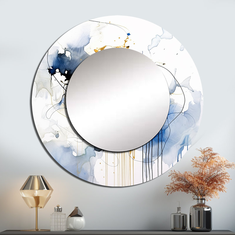 Bleu foncé et or Strasses X III - grand miroir fractal, décor de miroir mural rond bleu unique, impression d'art en métal