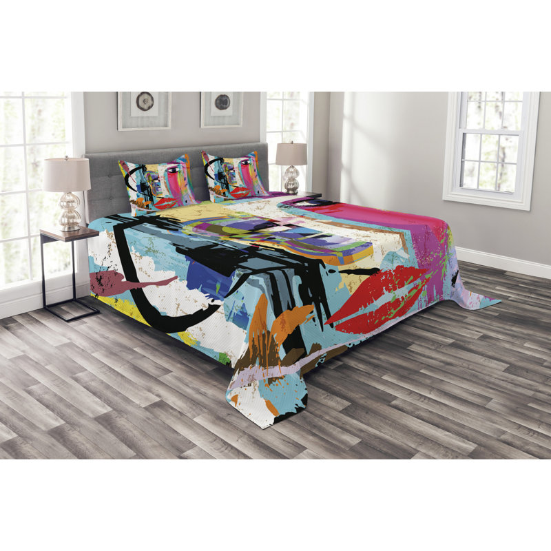 Adileigh White/Blue/Pink/Black/Yellow/Purple Microfibre Bedspread Set, 220 x 264 cm