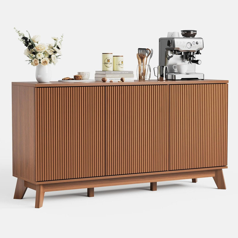 58" Farmhouse Sideboard Buffet Cabinet with 4 Doors & Adjustable Shelves, Curved Coffee Bar Cabinet, Brown