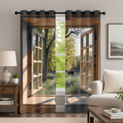 2Pcs Landscape Window View Curtains, Scenic Forest Nature Print Curtain, Realistic Open Window Perspective Grommet Drapes, Window Treatment for Bedroom Living Room Decor