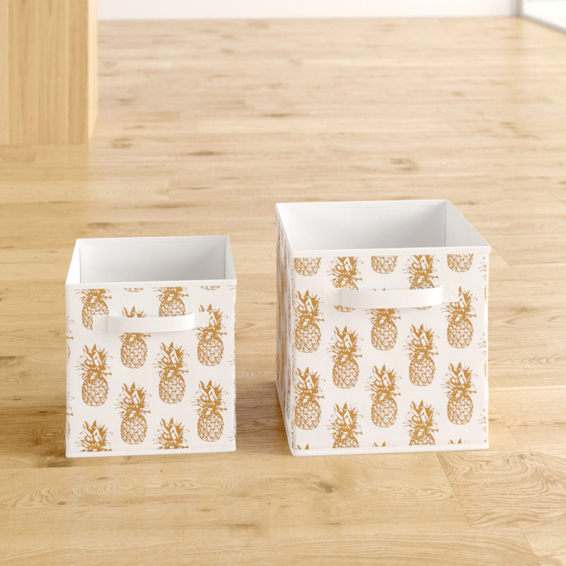 Trule Fabric Decorative Bin, White & Gold, 11" H x 11" W x 11" D