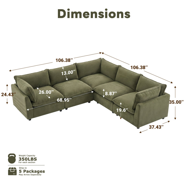Canapé modulaire rembourré 5 pièces en L avec assise profonde 5 pièces, Velours côtelé vert