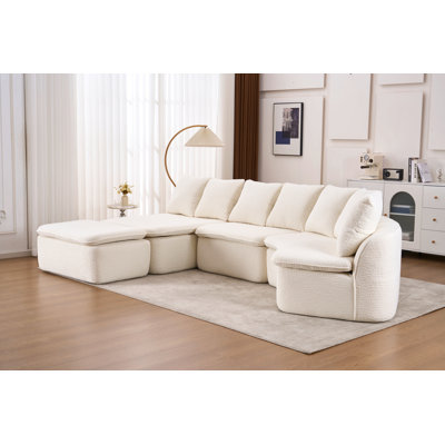 133'' Modular U-Shaped Sectional Compression Sofa With Removable Recliner Module Woodgrain Chenille Boneless Ideal For Large Living Rooms Or Bedrooms