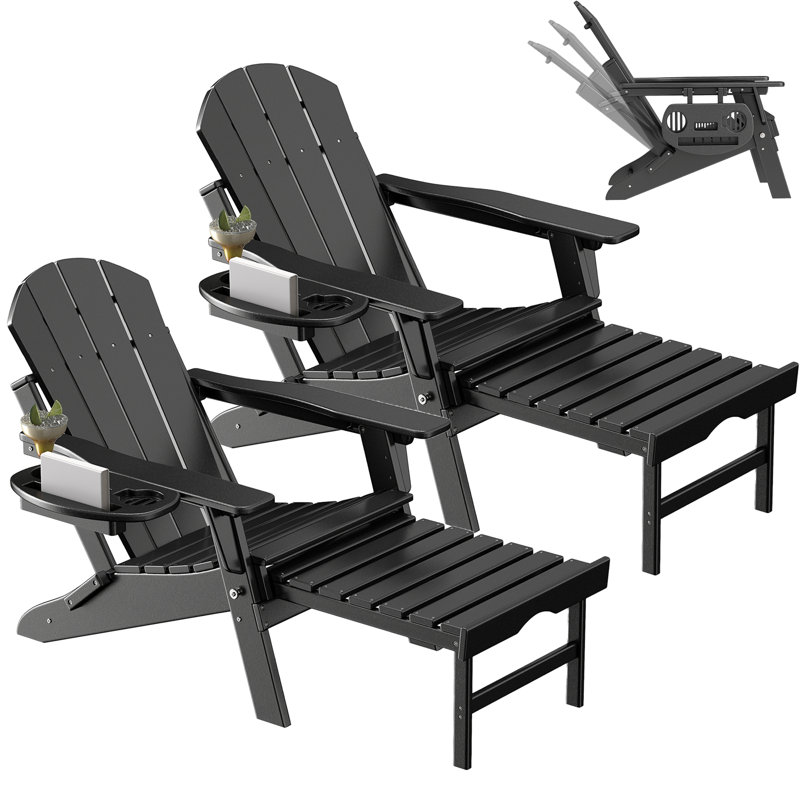 Celese HDPE Folding and Adjustable Adirondack Chair with Ottoman (Set of 2), Black