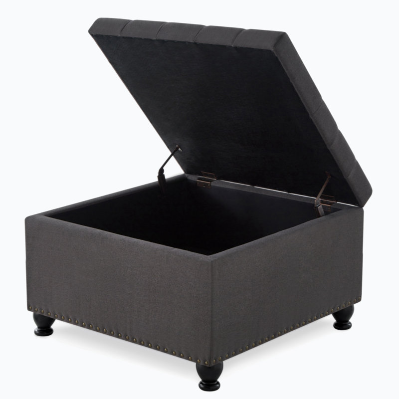 Dark Gray Tufted Linen Square Cocktail Ottoman with Wooden Legs