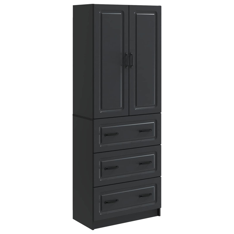  Cabinet Set 2 Pcs Engineered Wood Modern Storage Solution Sliding Door, Black