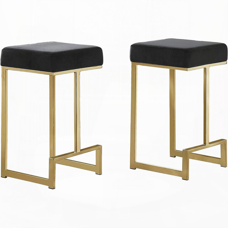 Tabourets en velours noir sans dossier en métal avec base argentée (ensemble de 2), Black,Gold