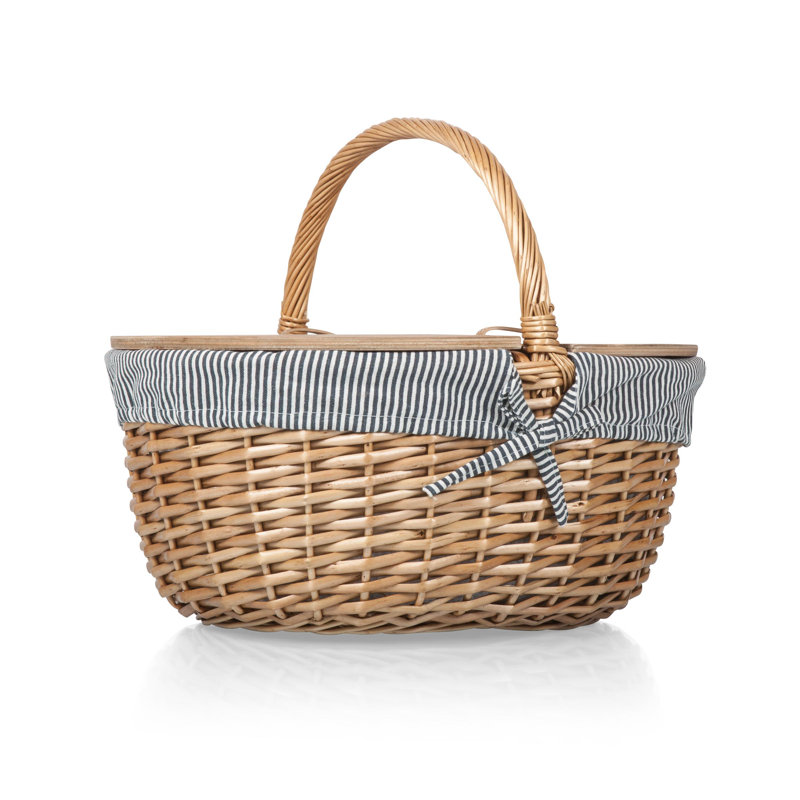 Navy Blue and White Stripe Wicker Picnic Basket with Wooden Lid
