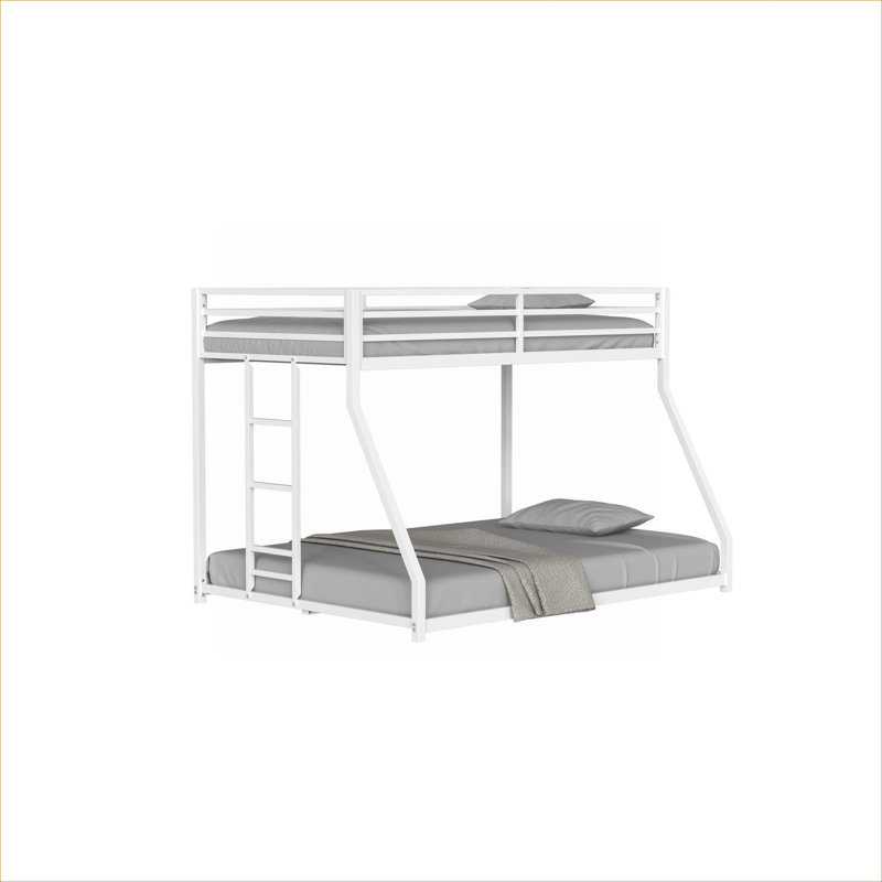 Metal-Constructed Classic Twin Over Full Bunk Bed Platform, Interchangeable Stable Ladder, No Box Spring Required, White Finish