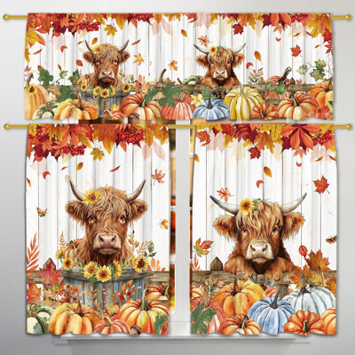 Rideaux de cuisine à motif de vaches des Highlands, ensemble de rideaux et cantonnières de style ferme, à œillets (2 panneaux)