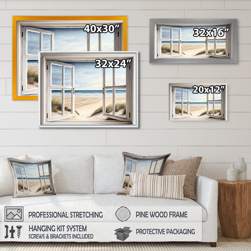 Fenêtre sur la plage - reproduction sur toile, Cadre flottant doré, H 16 po x l 32 po x P 1 po