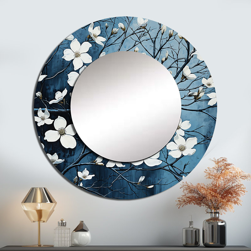 Miroir mural décoratif blanc et noir Bloompetal Whispers I - cornouiller décoratif, 36 po x 36 po