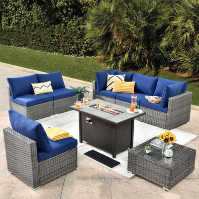6 - Person Mostly No Assembly Required Patio Furniture Set, Outdoor Wicker Rattan Sectional Seating Group With Cushions, All Weather Sofa Conversation Set With Fire Pit Table For Garden Backyard