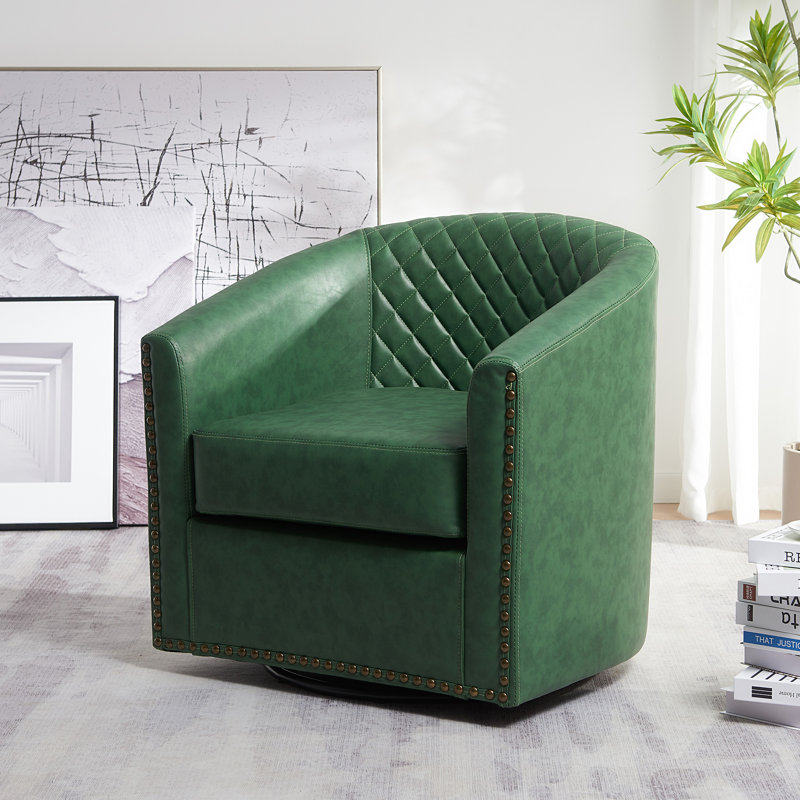 Boney 29" Wide Tufted Faux Leather Barrel Small Swivel Chair, Green Faux Leather
