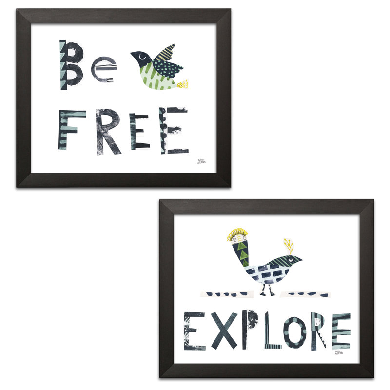 "Bird Words I & II", ensemble de 2 reproductions d’art encadrées, Papier avec cadre noir, H 11 po x l 14 po x P 1,5 po