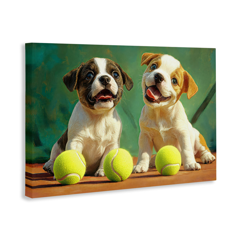 Adorable chiots avec des balles de tennis, toile par Imagine It Images, H 30 po x l 45 po
