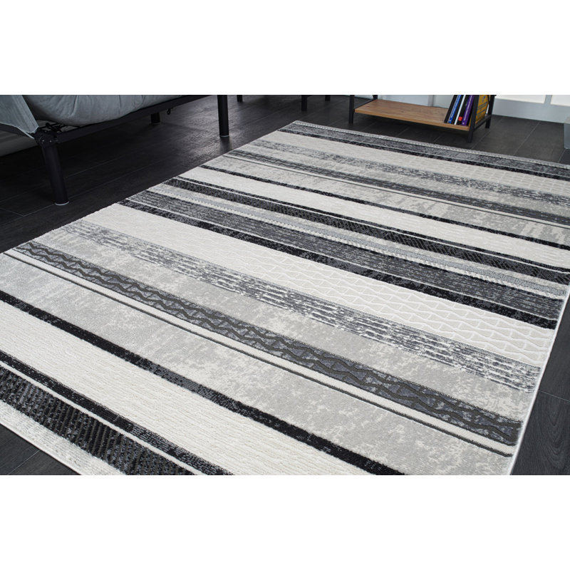 Tapis rayé gris / noir Purcellville, Rectangle 5 pi 2 po x 7 pi 6 po