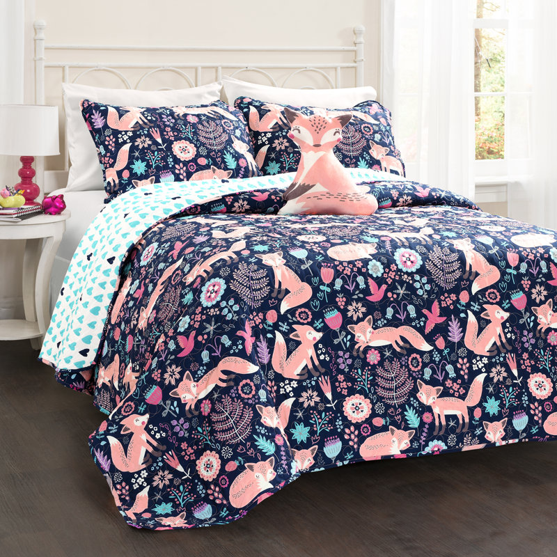 Microfiber Reversible Traditional 4 Piece Quilt Set, Twin Quilt + 1 Sham + 1 Throw Pillow, Navy/Pink