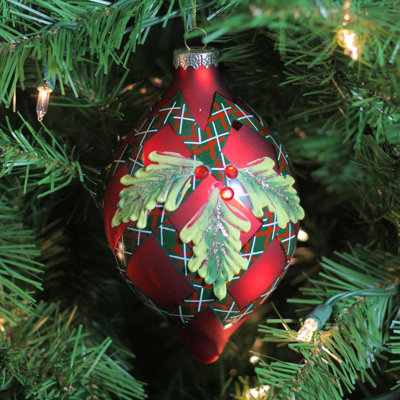 Ornement de Noël en verre rouge et vert à motif géométrique écossais de gui 4,75 po (120 mm)
