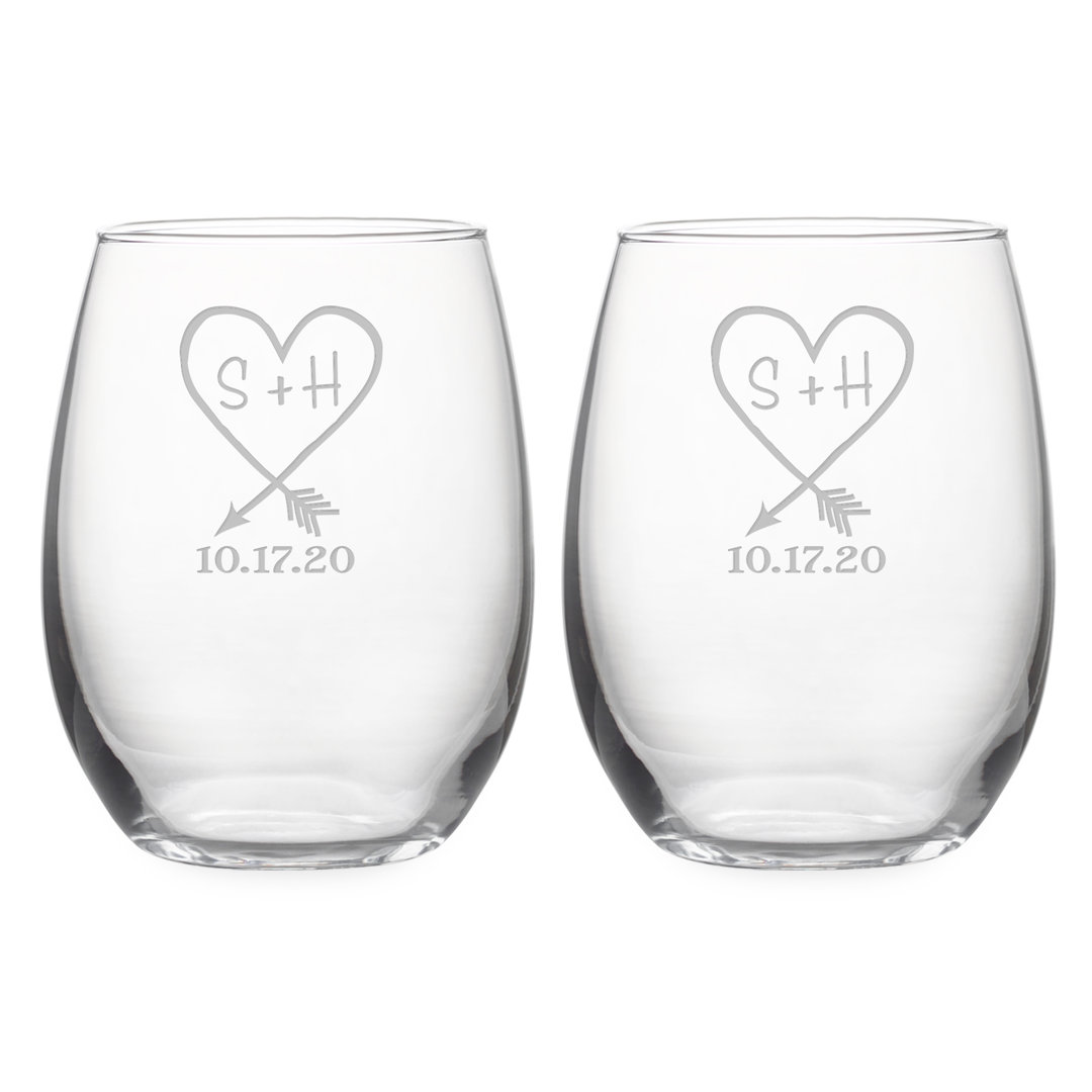 Personalized Carved Heart Date 21 oz. All Purpose Wine Glass (Set of 2) Le Prise™