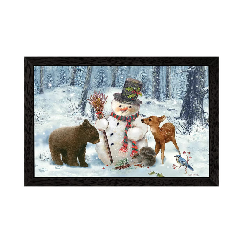 Woodland Snowman - Floater Frame Print on Canvas, Black Framed