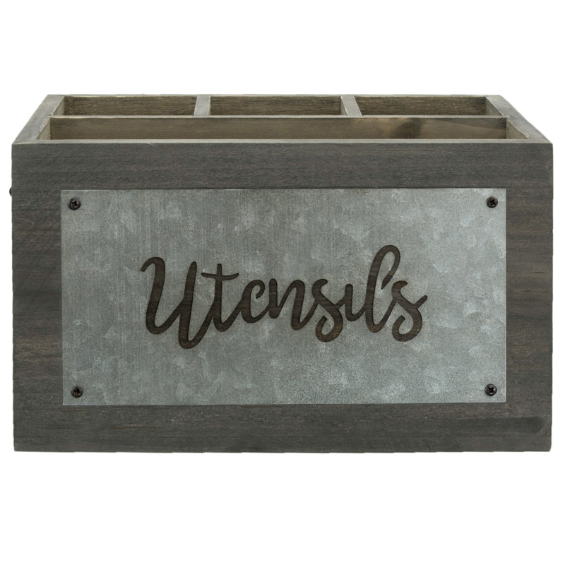 Wood and Metal Rectangle Flatware Caddy