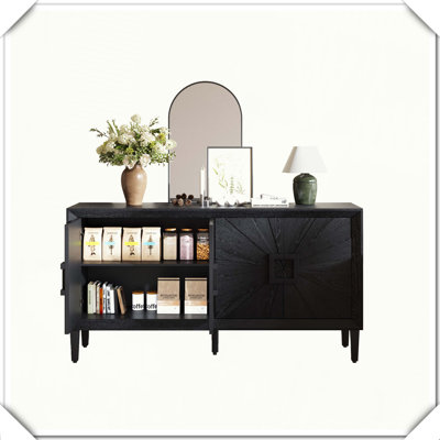 Premium Rustic Farmhouse Credenza Symmetrical Sunburst Door TV Stand Storage