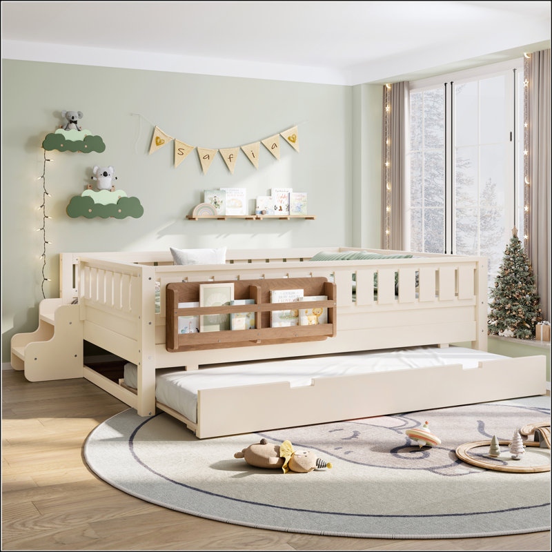 Lit double avec bibliothèque intégrée, petit escalier et lit gigogne, beige, sécuritaire et multifonctionnel pour les enfants