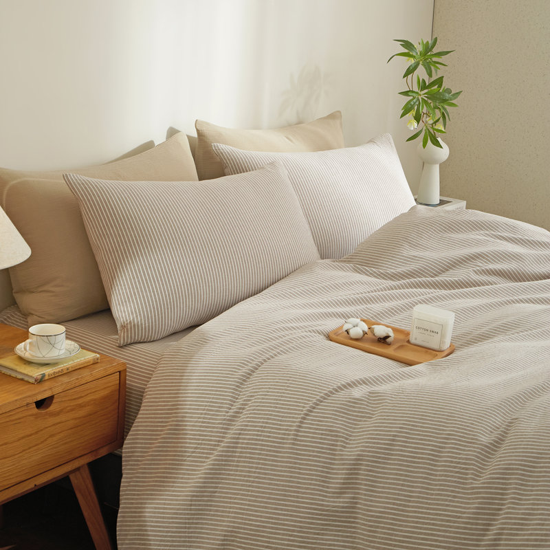 LIFETOWN Striped Duvet Cover Set,3 Pcs Breathable Durable 100% Washed Cotton Comforter Cover for All Seasons, Chic Linen Like Textured Bedding Set.