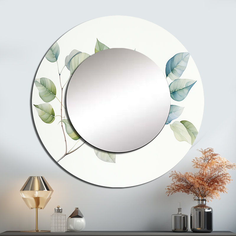 Green Leaves Minimalisme Charm I - miroir mural feuilles, miroir décoratif rond traditionnel, impression d'art en métal