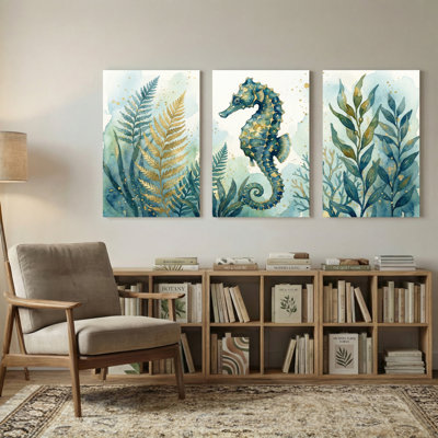 Animaux, hippocampes, fougères, feuilles, aquarelle, ensemble de 3 impressions sur toile