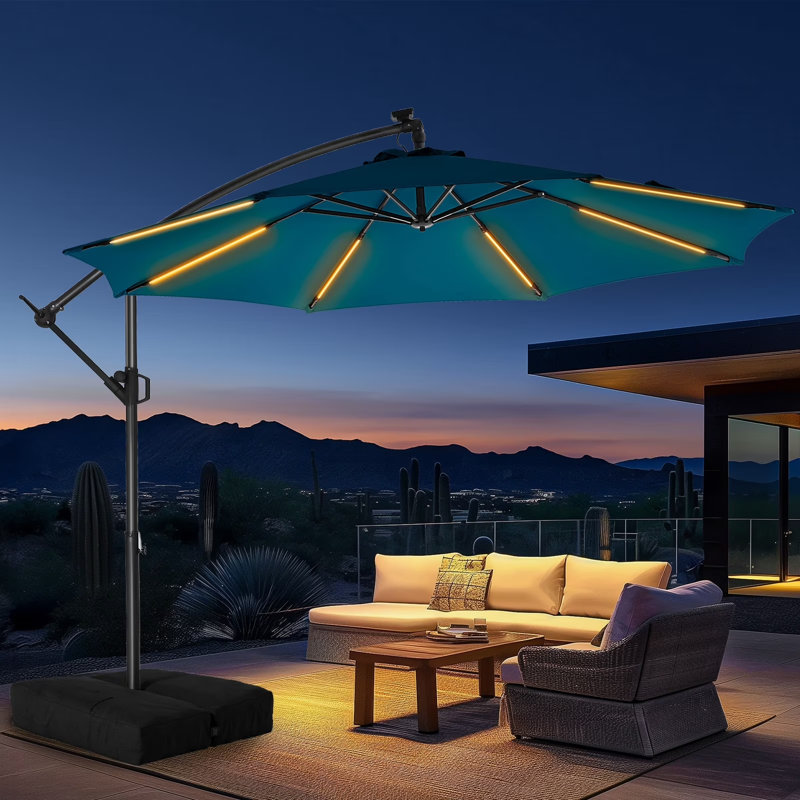 Parasol en porte-à-faux de 120 po, parasol de patio suspendu décalé de 10 pi avec 32 lumières DEL et inclinaison facile, abat-jour de parasol extérieur commercial pour la cour, la piscine, la plage et le jardin