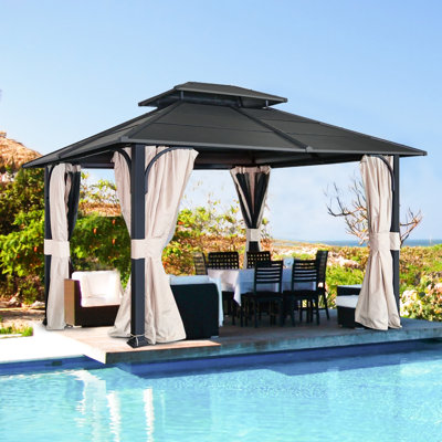 14 pi. L 12 pi. D Pavillon de jardin en métal avec filets à fermeture à glissière sur 4 côtés et rideaux beige clair