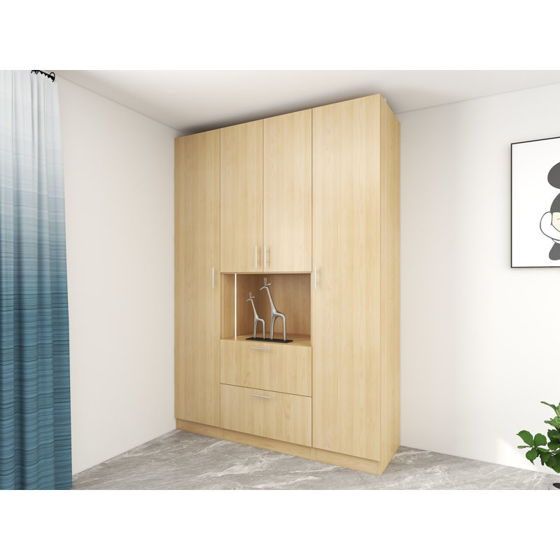 Armoire de rangement très brillante blanche / grain de bois avec 2 tiroirs et tablettes suspendues Melrick, Naturel