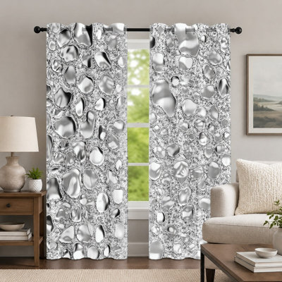 2Pcs Silver Liquid Drop Print Curtains, Creative Metallic Effect Pattern Drapes, Contemporary Abstract Style Grommet Window Panels for Bedroom Living Room Decor