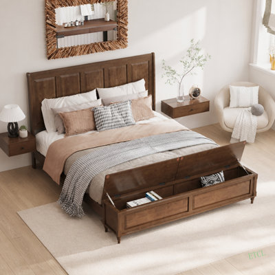 Structure de lit avec tête de lit haute et banc de rangement, lit-bateau en bois avec coffre de rangement de 79 po, aucun sommier nécessaire