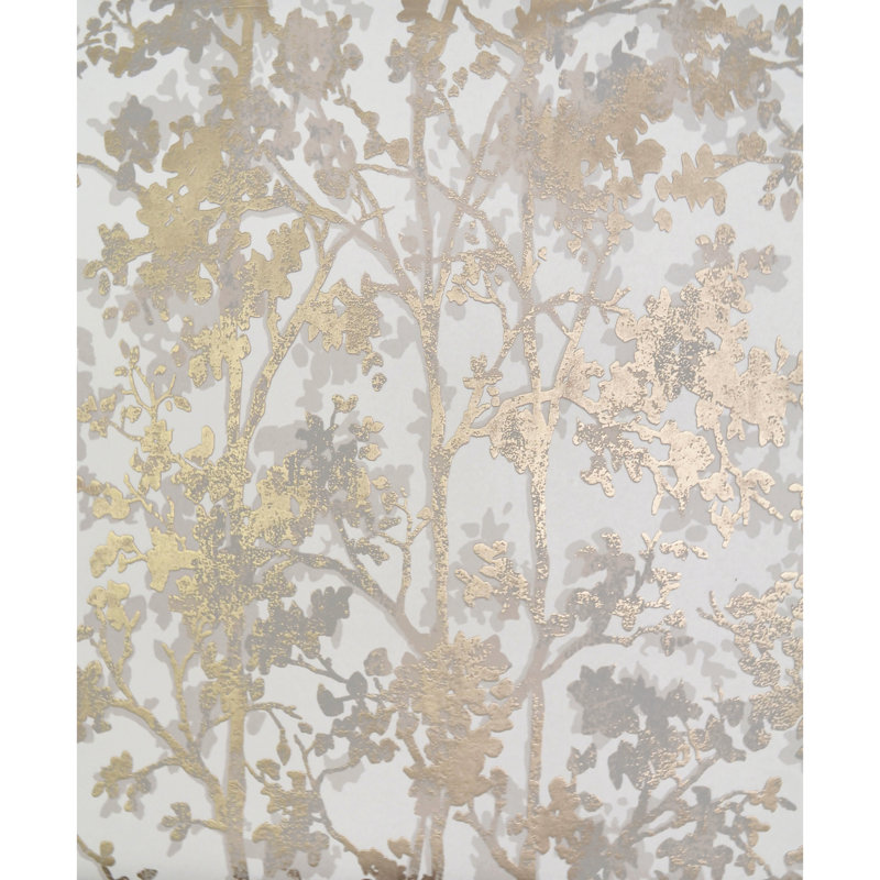 Rouleau de papier peint métallique métaux modernes Feuillage chatoyant L 32,8 pi x l 20,8 po Antonia Vella, Blanc / Doré