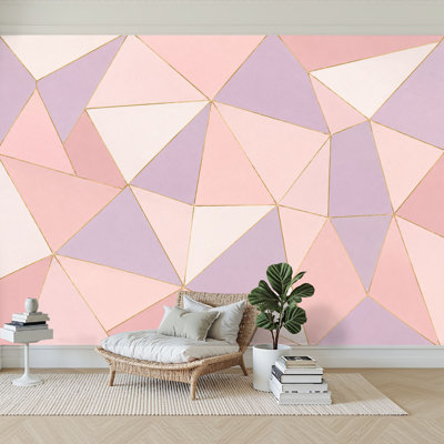 Wall Mural Peel and Stick Wallpaper Pastel Geometric Triangle Pink Lavender Cream Colors Self-Adhesive Removable Contact Paper Wall Decor for Living Room Bedroom 100"H x 144"W