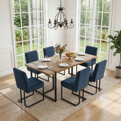 7-Piece Modern Rectangular Dining Table Set For 6 With Upholstered Dining Chairs