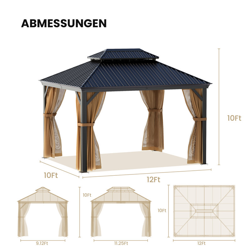 Patio Hardtop Double-Roofed Metal Patio Gazebo Multiple Sizes, 126" W x 144" L, Dark Gray