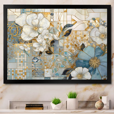 Motif floral doré bleu mosaïque I - impression