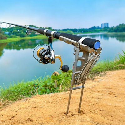 Automatic Spring Loaded Fishing Rod Holder, Adjustable Folding Stainless Steel Ground Stand for Hands-Free Bank Fishing