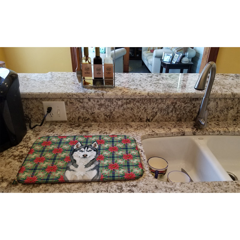 Tapis de séchage Siberian Husky Christmas PoinsettIas, Noir / blanc