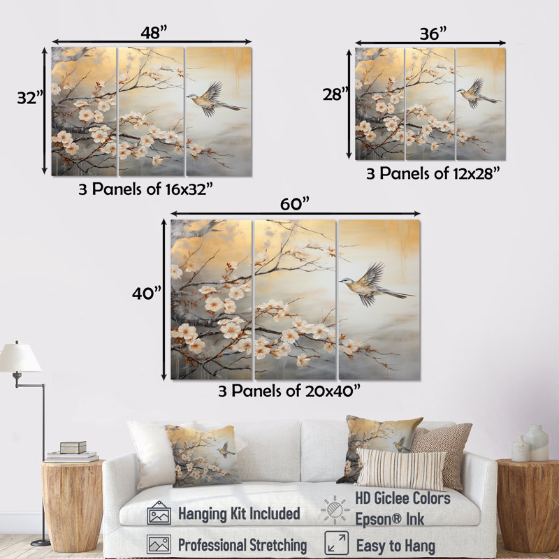 Oiseaux gris et blancs sur un arbre floral III - art mural oiseau, H 28 po x l 36 po
