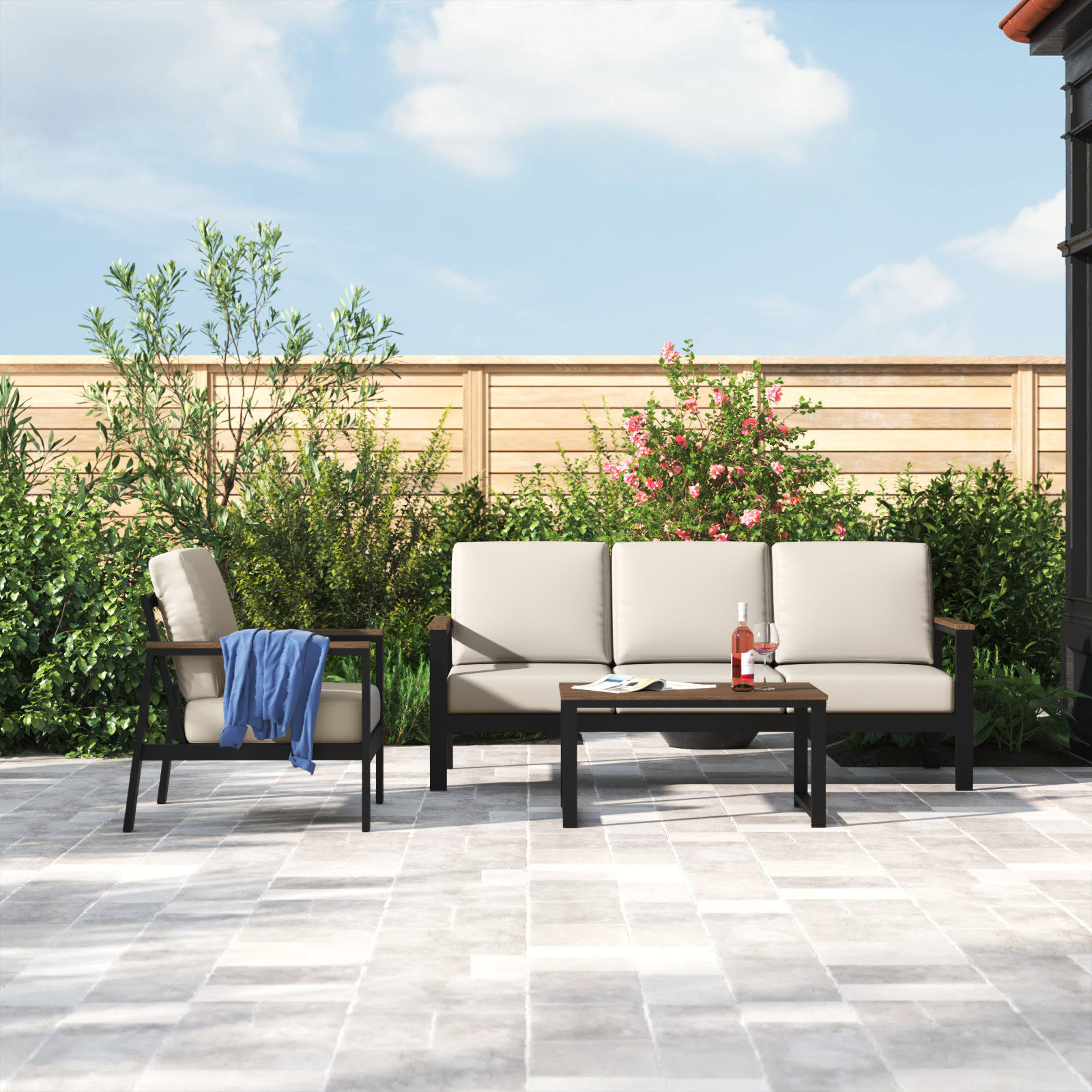 Townsend 3 Piece Sofa Seating Group with Sunbrella Cushions, Sunbrella Canvas Natural