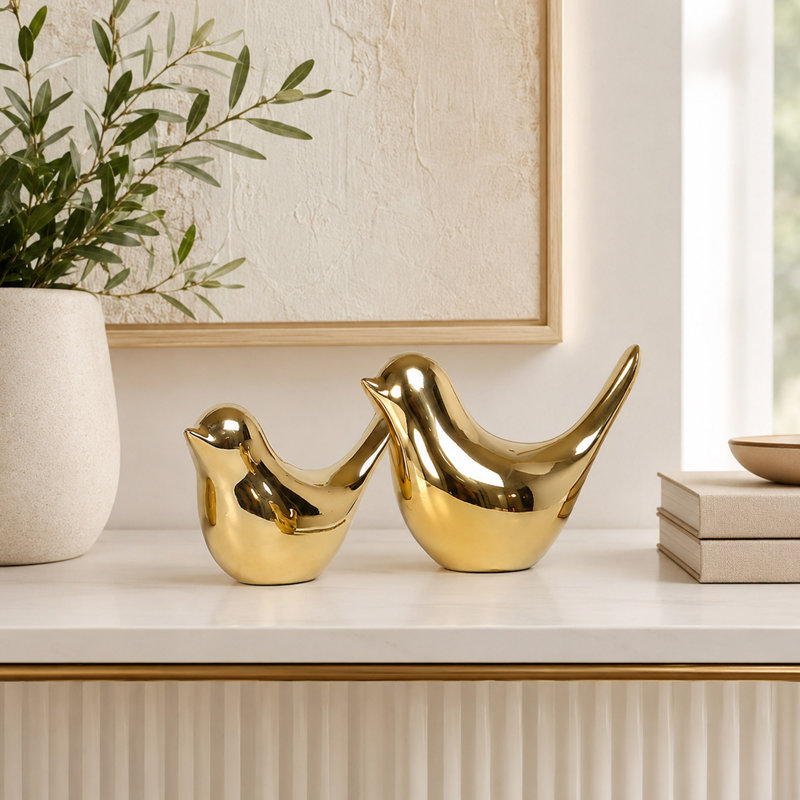 2-Piece Gold Ceramic Bird Figurine Set
