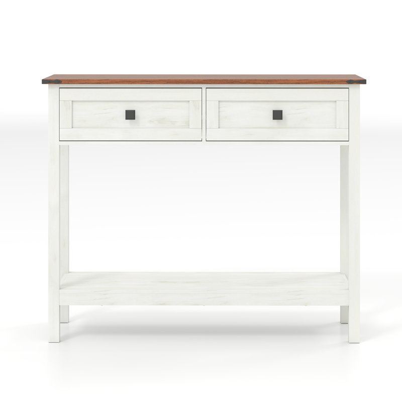 Farmhouse Style Console Table With 2 Drawer And Bottom Storage Shelf For Entryway, White