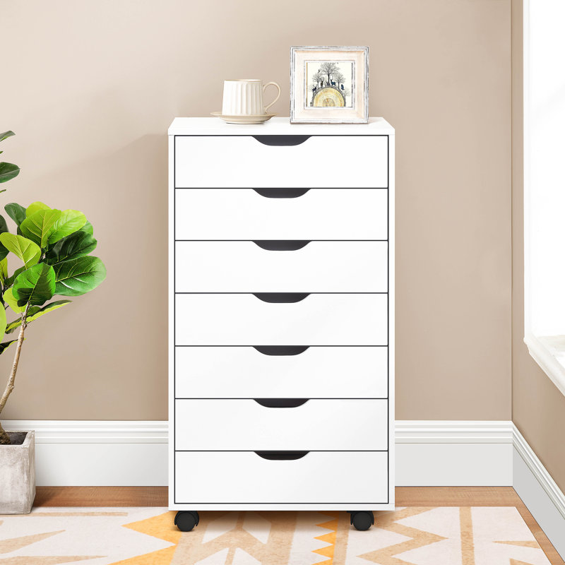 7-Drawer File Cabinet for Office Storage, File Cabinet on Wheels, Desk File Cabinet Unit, Wooden Office Drawer, White
